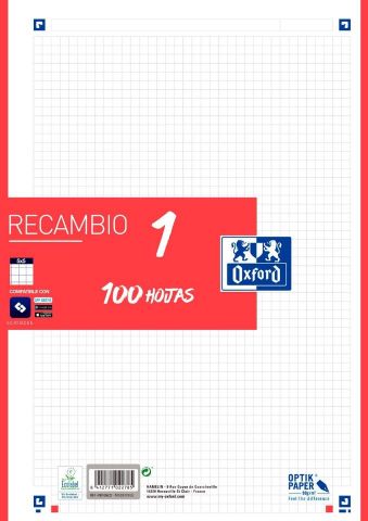 RECAMBIO OXFORD A4 100H. 5X5 1 COL.BANDA ROJO